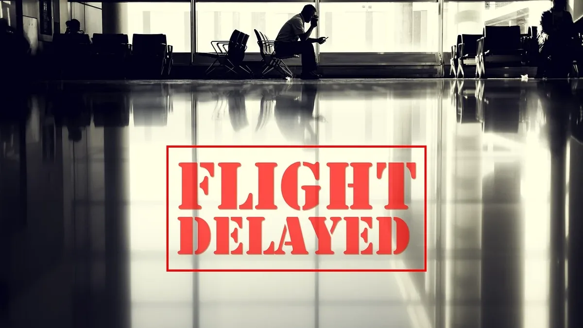 A person sitting on a chair in an airport terminal, with a sign reading "FLIGHT DELAYED" in red letters.